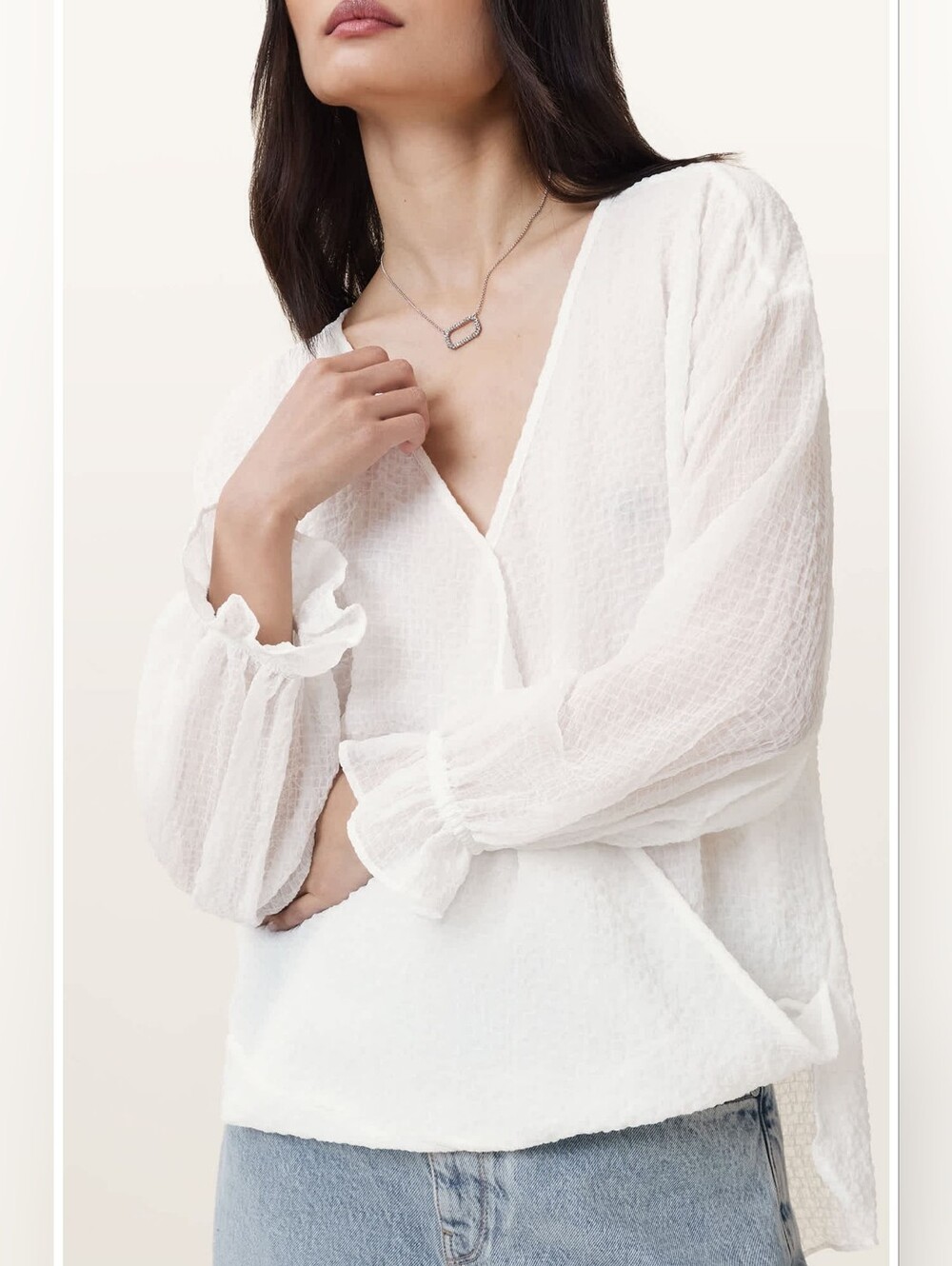 AllSaints "Penny Top" White Textured Grid Faux Wrap Blouse – Size US 2 / UK 6